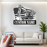 Décoration murale en métal LED personnalisée pour excavateur - Cadeau pour travailleurs de la construction - Décor de garage ou de bureau