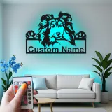 Décoration murale en métal personnalisée pour chien Shetland LED - Cadeau pour maman chien - Décor pour animaux de compagnie