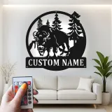 Décoration murale en métal personnalisée avec un bison en forêt, rétroéclairage LED, cadeau de faune personnalisé pour les amoureux de la nature, décoration de cabane