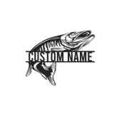 Insegna in metallo personalizzata con pesce e LED | Arte con nome del pescatore su misura | Arredo moderno rustico per casa al lago, baita e man cave