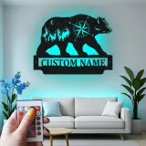 Custom Bear and Compass Led Light Metal Wall Art Personalized Gift for Nature Lovers Cabin or Lodge Decor