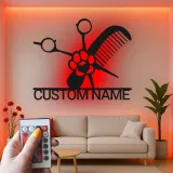 Personalized Pet Groomer Sign | Custom Metal LED Wall Art | Grooming Salon Decor with Name | Scissors & Comb Logo