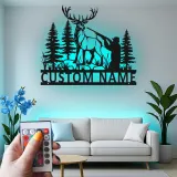 Custom Hunter and Deer Led Light Metal Wall Art Personalized Gift for Outdoorsmen Cabin or Man Cave Decor