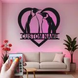 Insegna a Cuore con Pinguino Personalizzata | Arte Murale in Metallo LED per Coppie | Regalo di Anniversario Personalizzato per Decorazione Casa