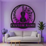 Cartel de metal personalizado con violín y notas musicales y luz LED Regalo para músicos Decoración de estudio o sala de música