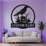Panneau en métal personnalisé Corbeau & Citrouille | Décoration murale Halloween avec rétroéclairage | Décor effrayant personnalisé | Cadeau gothique