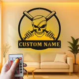 Custom Baseball Skull Led Light Metal Wall Art Personalized Gift for Sports Fans Game Room Decor