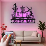 Décoration murale en métal personnalisée avec rétroéclairage LED pour panier de disc golf - Cadeau personnalisé pour disc golfers