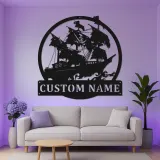Decoración Mural de Metal de Barco Pirata con LED | Letrero de Nombre Personalizado para Man Cave | Decoración Náutica y Regalo para Él