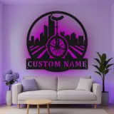 Custom Unicycle Cityscape Led Light Metal Wall Art Unique Gift for Cyclists Urban Decor for Living Room
