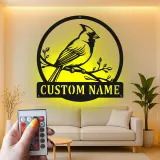 Décoration murale en métal personnalisée avec lumière LED en forme de cardinal - Cadeau pour amoureux de la nature - Décor de jardin ou de patio