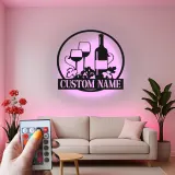 Décoration murale en métal personnalisée avec bouteille de vin et verres en rétroéclairage - Cadeau pour les amateurs de vin, décoration de cuisine ou de bar