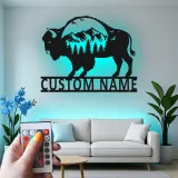 Cartel de metal personalizado con escena de montaña y bisonte iluminado LED, regalo para amantes de la naturaleza, decoración rústica para salas de estar