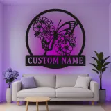 Custom Butterfly and Flowers Led Light Metal Wall Art Personalized Gift for Nature Lovers Bedroom or Garden Decor