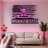 Insegna con nome da golf personalizzata | Arte da parete LED in metallo con bandiera americana | Regalo personalizzato per golfista per man cave
