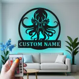 Arte in metallo LED personalizzata Kraken | Insegna personalizzata con polpo | Decorazione nautica per bar di casa e amanti del mare