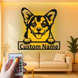 Décoration murale en métal LED personnalisée Corgi - Cadeau pour amoureux des chiens - Décor pour salon