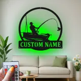 Insegna da pesca personalizzata con LED | Insegna in metallo personalizzata con pescatore | Decorazione per casa al lago e regalo per pescatori
