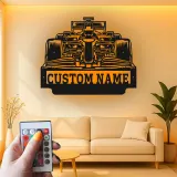 Arte murale in metallo per auto F1 personalizzata con luce LED | Regalo personalizzato per appassionati di motorsport | Arredo garage e man cave