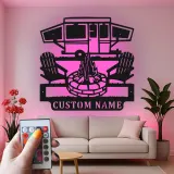 Custom Camper and Firepit Led Light Metal Wall Art Personalized Camping Gift Outdoor Patio Decor
