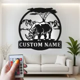 Décoration murale en métal personnalisée Safari Rhinocéros avec rétroéclairage LED Cadeau animalier Décor unique pour les amoureux de la nature