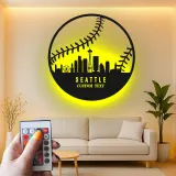Seattle Skyline Baseball Sign | LED Metal Wall Art for Man Cave | Custom Sports Fan Gift