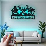 Cartel LED de escena de caza personalizado | Silueta de ciervo, pez y faisán de metal | Decoración personalizada para cabañas de vida silvestre | Regalo premium para cazadores