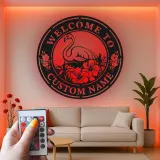 Individuelles Flamingo LED Schild | Personalisierte Metall Wandkunst | Tropische Hibiskus Willkommensdekoration für Terrasse & Außenbereich | Einweihungsgeschenk Idee