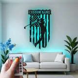 Enseigne en métal personnalisée pour golfeur | Décoration murale drapeau américain | Décor LED de golf pour man cave | Cadeau patriotique pour lui