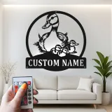 Cartel de metal personalizado con familia de patos y luz LED, regalo personalizado para amantes de la naturaleza, decoración para guardería o salón