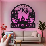 Cartel de metal LED personalizado de fogata de montaña regalo para amantes del aire libre decoración de cabaña o patio