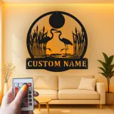 Arte murale in metallo con Airone e luci LED | Insegna personalizzata con nome per casa al lago | Regalo personalizzato per amanti degli uccelli | Decorazione di fauna selvatica per patio
