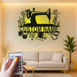 Personalized Sewing Machine LED Sign | Custom Metal Wall Art for Craft Room | Vintage Floral Seamstress Gift