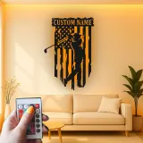 Enseigne en métal personnalisée pour golfeur | Décoration murale drapeau américain | Décor LED de golf pour man cave | Cadeau patriotique pour lui