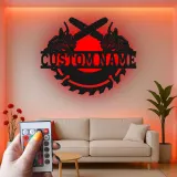 Insegna in metallo personalizzata con luce LED a forma di motosega e lama di sega, regalo unico per falegnami