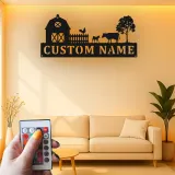 Cartel de Granja Personalizado | Decoración de Metal de Granja con LED | Arte de Pared con Nombre Familiar Rústico para la Sala de Estar