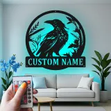 LED Raven Metal Wall Art | Personalized Bird Lover Gift | Custom Name Sign for Garden | Outdoor Nature Decor