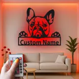 Insegna in metallo personalizzata con Bulldog Francese | Decorazione LED da parete per cani | Regalo per amanti degli animali per casa e ufficio