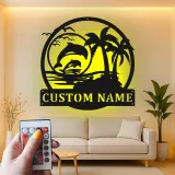 Personalisierte Delfin- und Palmen LED-Metall-Wandkunst – Geschenk für Strandliebhaber, tropische Deko fürs Wohnzimmer