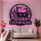 Custom Cabin in the Woods Led Light Metal Wall Art Personalized Housewarming Gift Rustic Home Decor