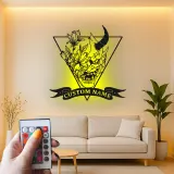 Décoration murale en métal personnalisée Masque Oni avec rétroéclairage LED Cadeau unique pour les amateurs d'art japonais Décoration intérieure avec nom personnalisé