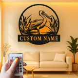 Décoration murale en métal LED personnalisée avec pélican - Cadeau côtier