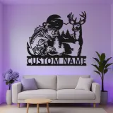 Insegna in metallo personalizzata per caccia e pesca | Decorazione wildlife con luce LED | Arte murale personalizzata con cervo e bass per baita o man cave