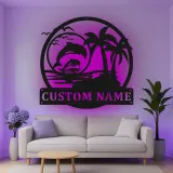 Décoration murale en métal personnalisée avec scène de plage de dauphins et rétroéclairage LED - Cadeau pour amoureux de l'océan - Décor côtier