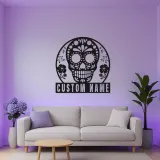 Personalized Sugar Skull Metal Sign | Custom Calavera LED Wall Art | Day of the Dead Decor | Gothic Floral Home Gift