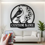 Décoration murale en métal personnalisée avec lumière LED cardinal et fleurs