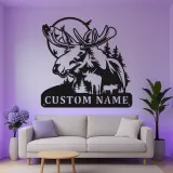 Custom Moose Family LED Metal Sign | Personalized Wildlife Wall Art | Rustic Cabin Decor for Nature Lovers & Hunters