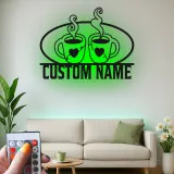 Cartel de metal personalizado con luz LED para pareja de tazas de café, regalo personalizado para cocina o decoración de café