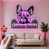 Plaque en métal bouledogue français personnalisée | Décoration murale LED avec prénom | Cadeau moderne pour amoureux des chiens | Déco souvenir pour animal de compagnie