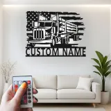 Décoration métal camion de grumes personnalisée | Plaque prénom camionneur avec LED | Décor man cave drapeau américain | Cadeau patriotique